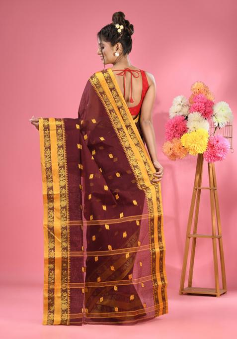 Dark Brown Woven Design Pure Cotton Saree Set