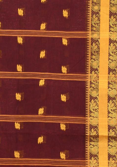 Dark Brown Woven Design Pure Cotton Saree Set