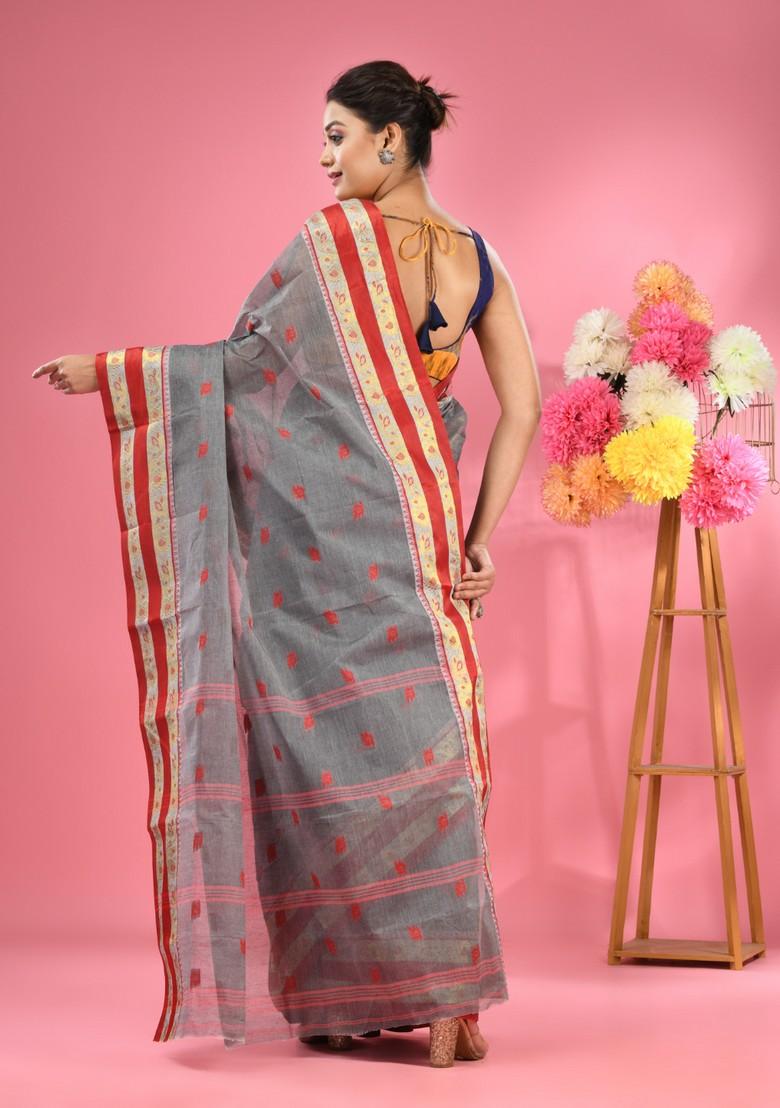 Grey Woven Design Pure Cotton Saree Set - Indya