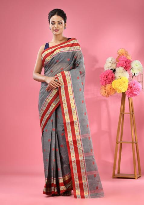 Grey Woven Design Pure Cotton Saree Set