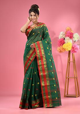 Shamrock Green Woven Design Pure Cotton Saree Set