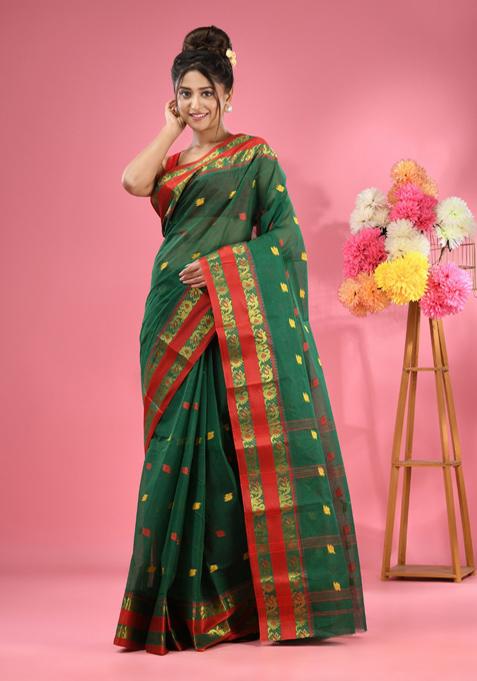 Shamrock Green Woven Design Pure Cotton Saree Set