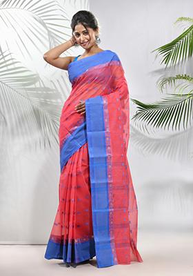 Crimson Red Woven Design Pure Cotton Saree Set