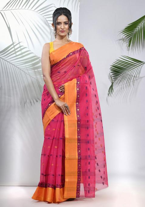 Fuchsia Woven Design Pure Cotton Saree Set