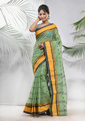 Pistachio Green Woven Design Pure Cotton Saree Set
