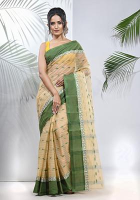 Light Beige Woven Design Pure Cotton Saree Set