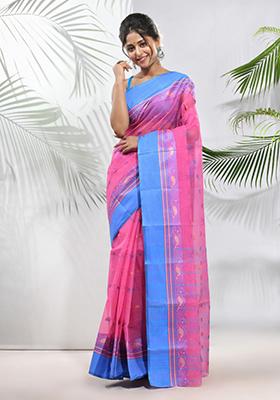 Bubblegum Pink Woven Design Pure Cotton Saree Set