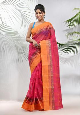 Fuchsia Woven Design Pure Cotton Saree Set