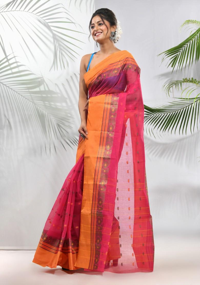 Fuchsia Woven Design Pure Cotton Saree Set - Indya