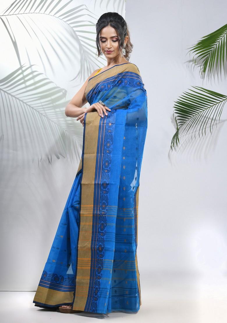 Azure Blue Woven Design Pure Cotton Saree Set