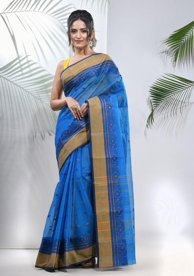 Azure Blue Woven Design Pure Cotton Saree Set - Indya