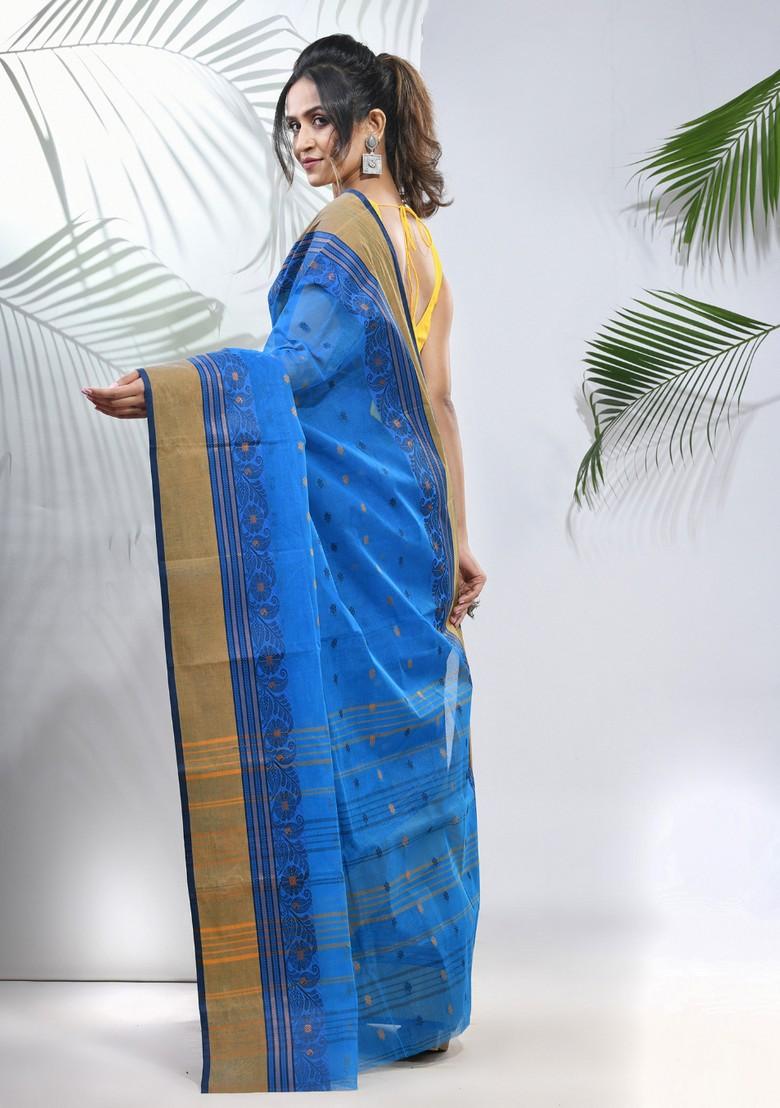 Azure Blue Woven Design Pure Cotton Saree Set