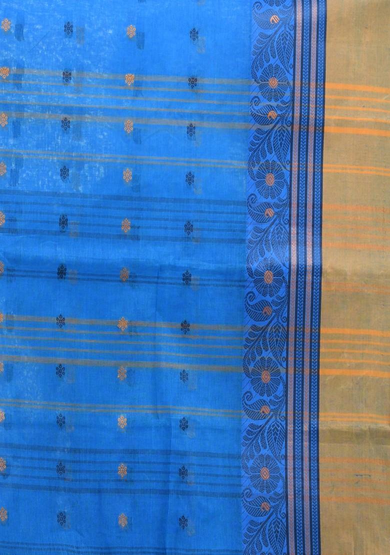 Azure Blue Woven Design Pure Cotton Saree Set