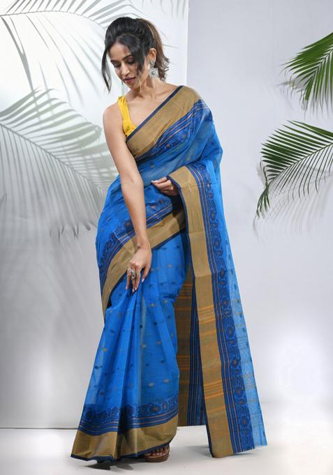 Azure Blue Woven Design Pure Cotton Saree Set