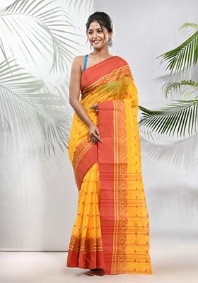 Yellow Woven Design Cotton Saree Set