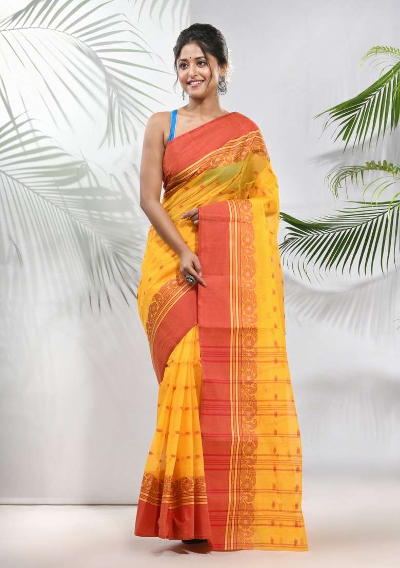 Yellow Woven Design Cotton Saree Set for Diwali | Wedding & Festive Wear - Indya