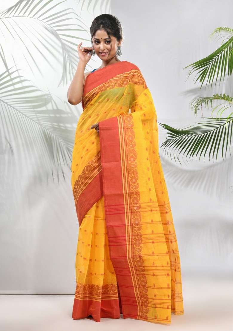 Yellow Woven Design Cotton Saree Set for Diwali | Wedding & Festive Wear - Indya