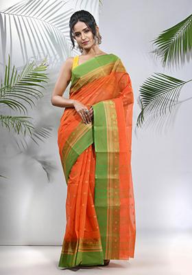 Orange Woven Design Cotton Saree Set