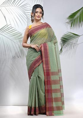 Pistachio Green Woven Design Cotton Saree Set