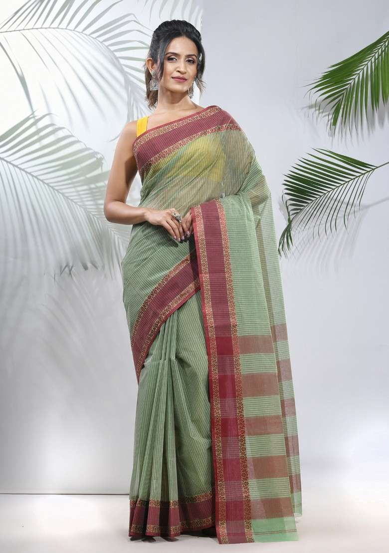 Pistachio Green Woven Design Cotton Saree Set - Indya