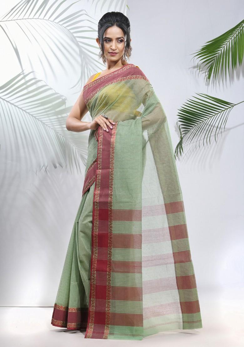 Pistachio Green Woven Design Cotton Saree Set