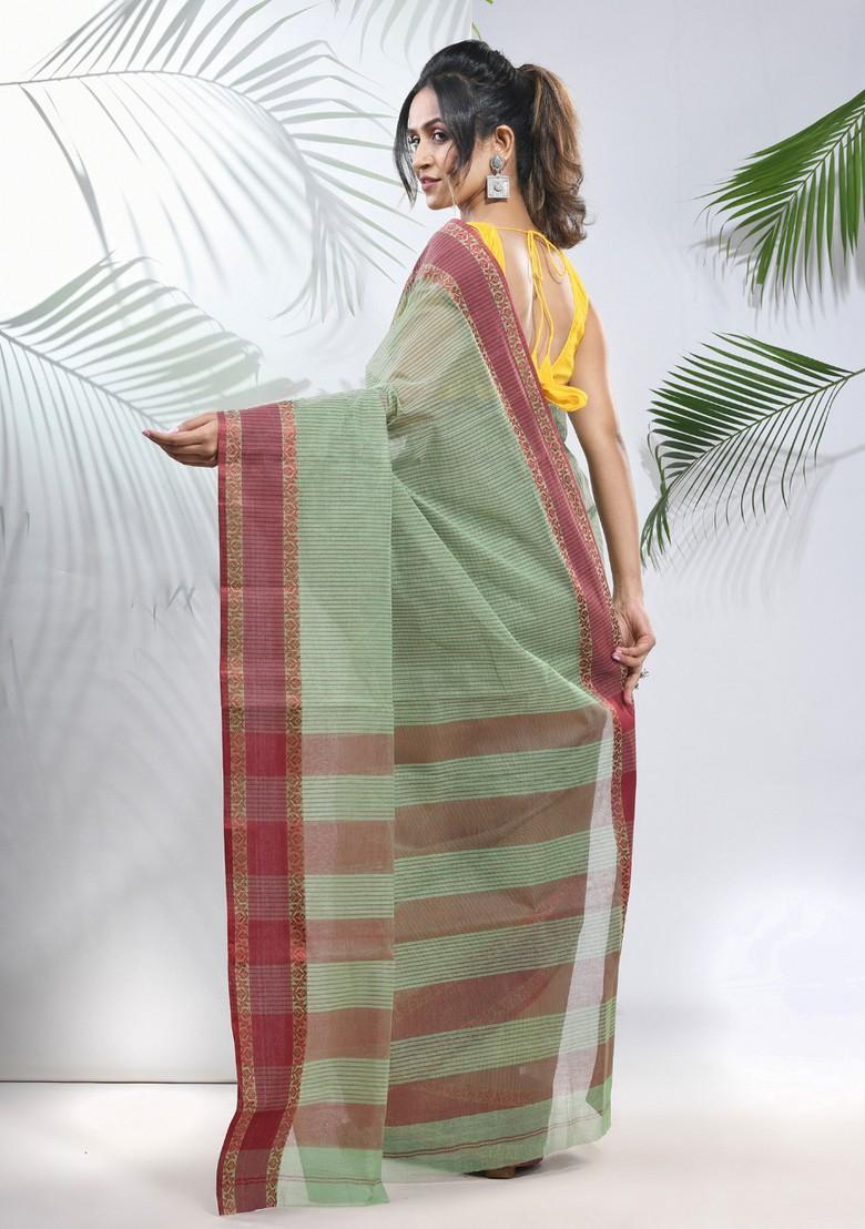 Pistachio Green Woven Design Cotton Saree Set