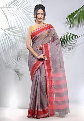 Grey Woven Design Cotton Saree Set