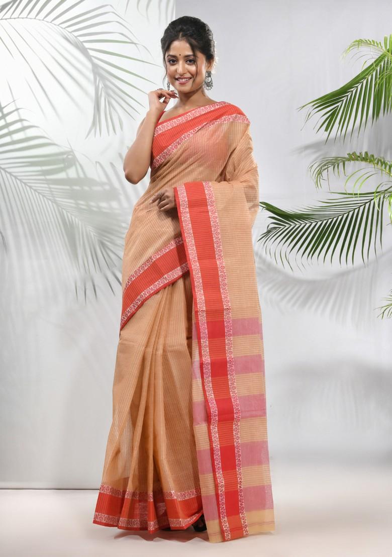 Beige Woven Design Pure Cotton Saree Set