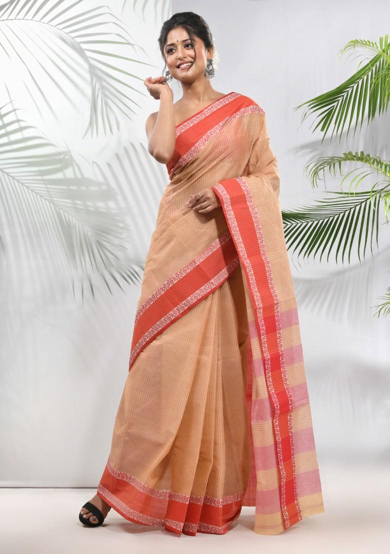 Beige Woven Design Pure Cotton Saree Set - Indya