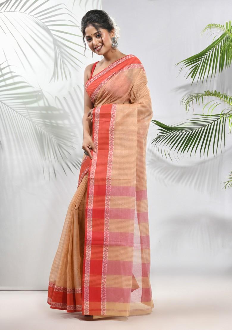 Beige Woven Design Pure Cotton Saree Set - Indya