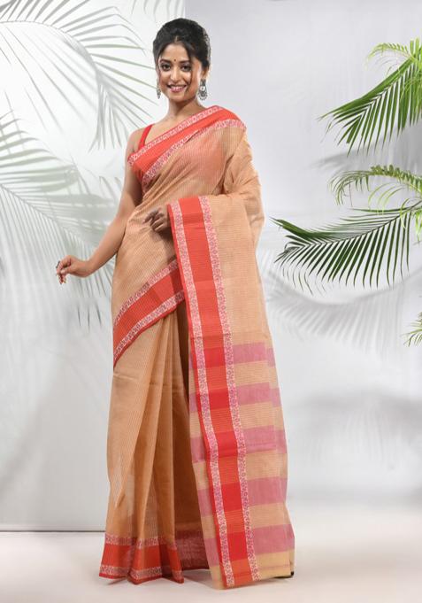 Beige Woven Design Pure Cotton Saree Set