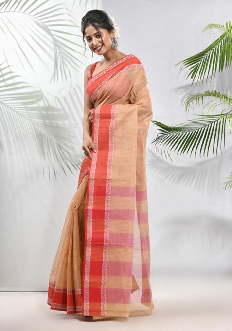 Beige Woven Design Pure Cotton Saree Set