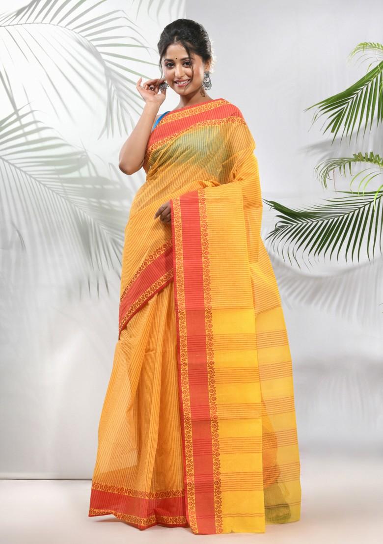 Bright Yellow Design Work Cotton Saree Set