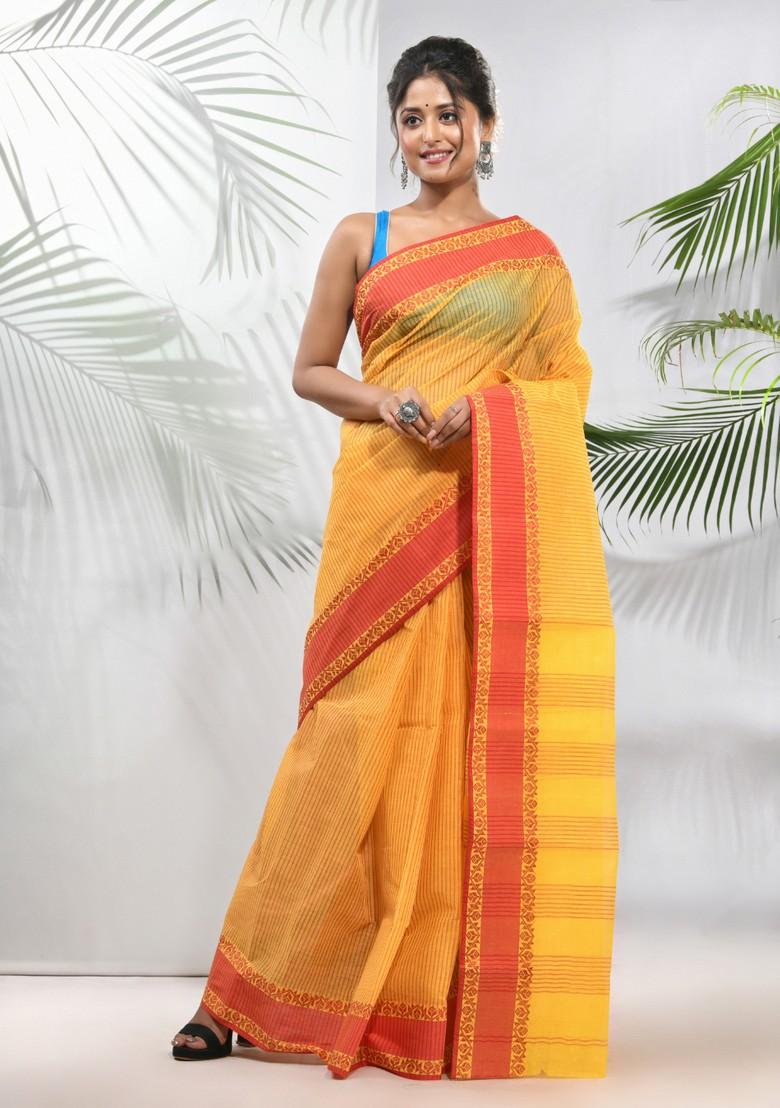 Bright Yellow Design Work Cotton Saree Set