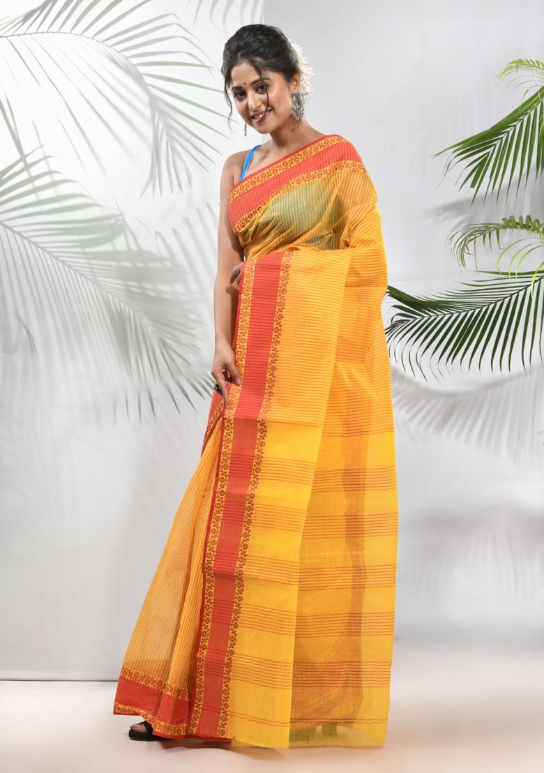 Bright Yellow Design Work Cotton Saree Set