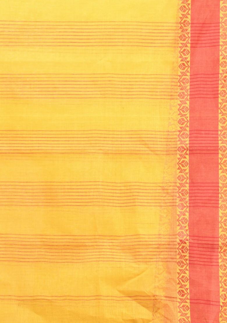 Bright Yellow Design Work Cotton Saree Set
