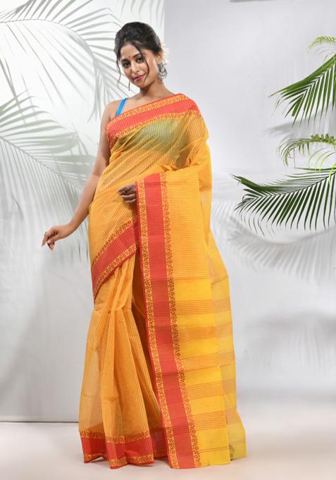 Bright Yellow Design Work Cotton Saree Set