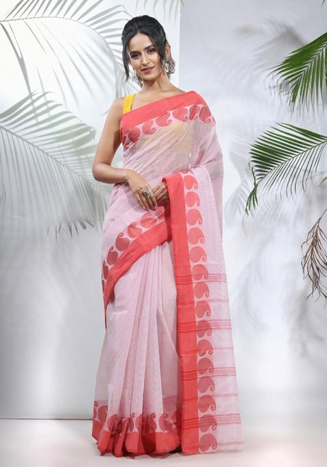 White And Red Woven Design Cotton Saree Set