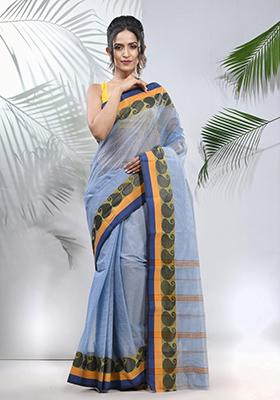 Blue Woven Design Cotton Saree Set