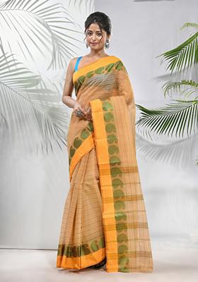 Beige Woven Design Pure Cotton Saree Set
