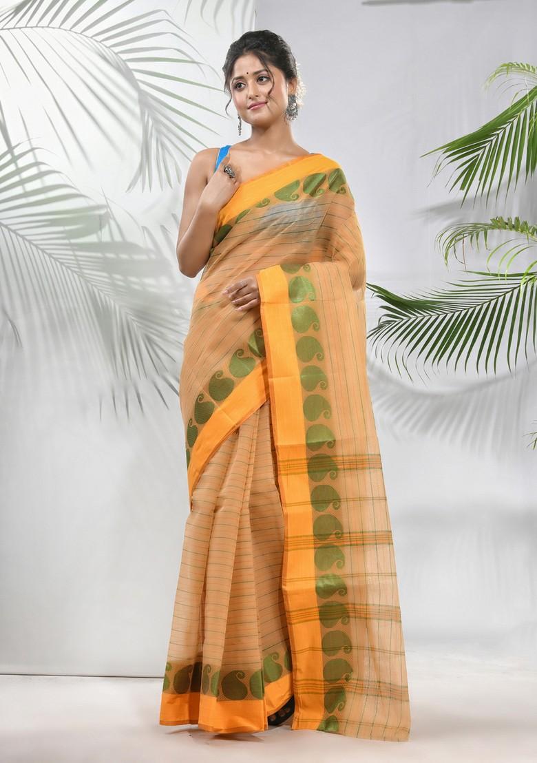Beige Woven Design Pure Cotton Saree Set