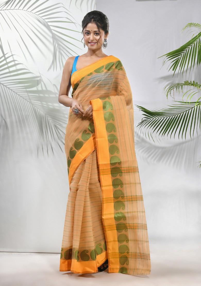 Beige Woven Design Pure Cotton Saree Set