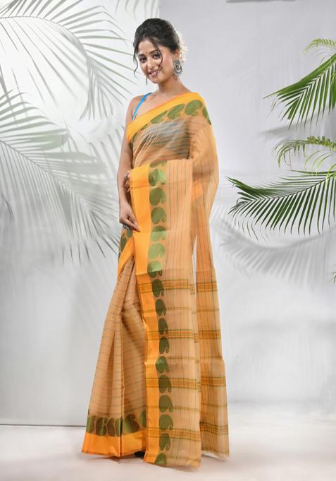 Beige Woven Design Pure Cotton Saree Set