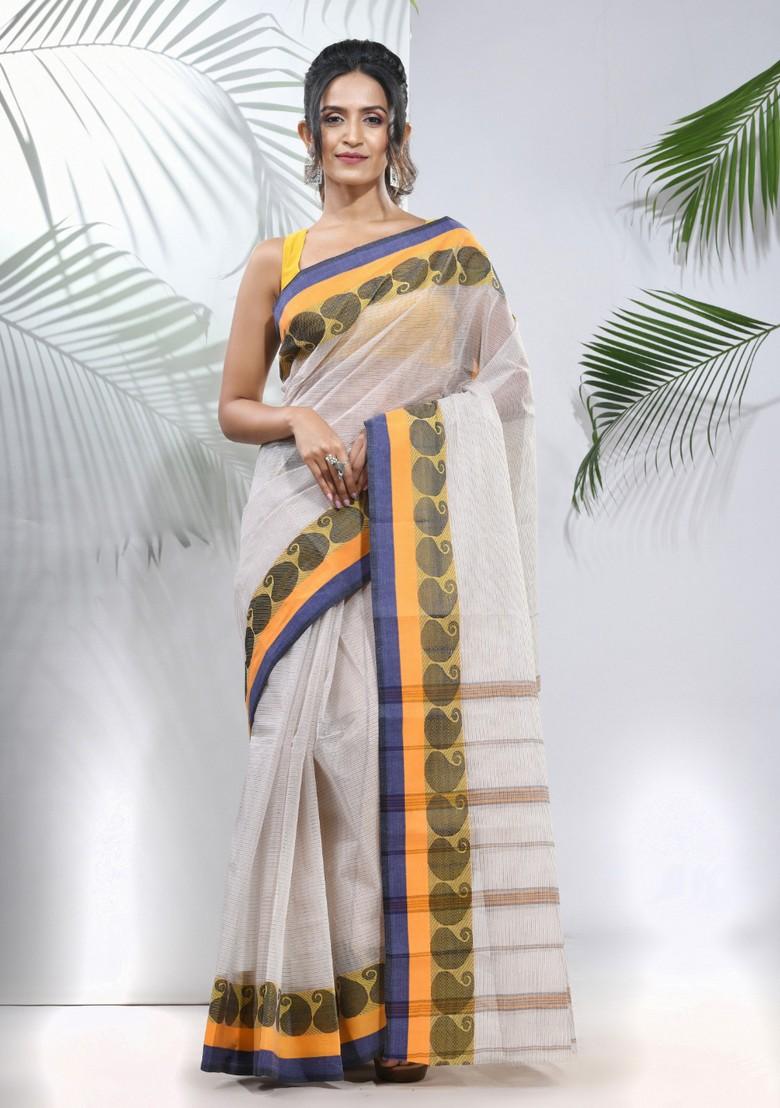 White Woven Design Pure Cotton Saree Set