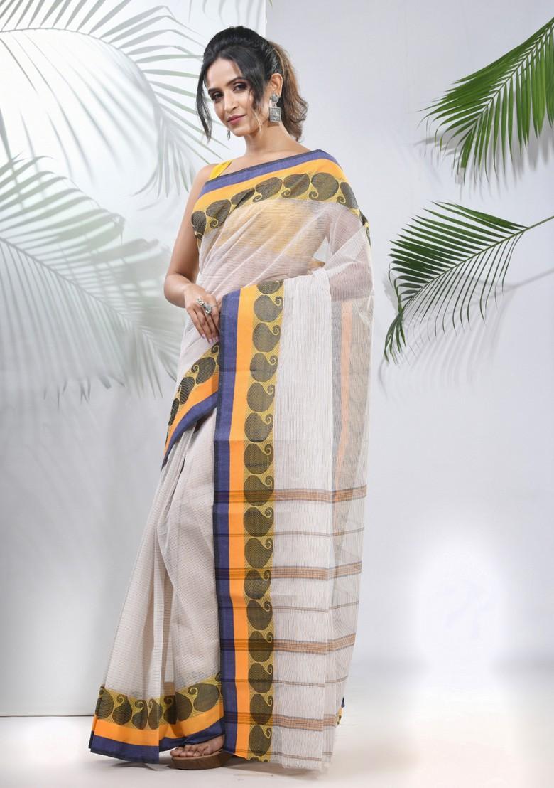 White Woven Design Pure Cotton Saree Set