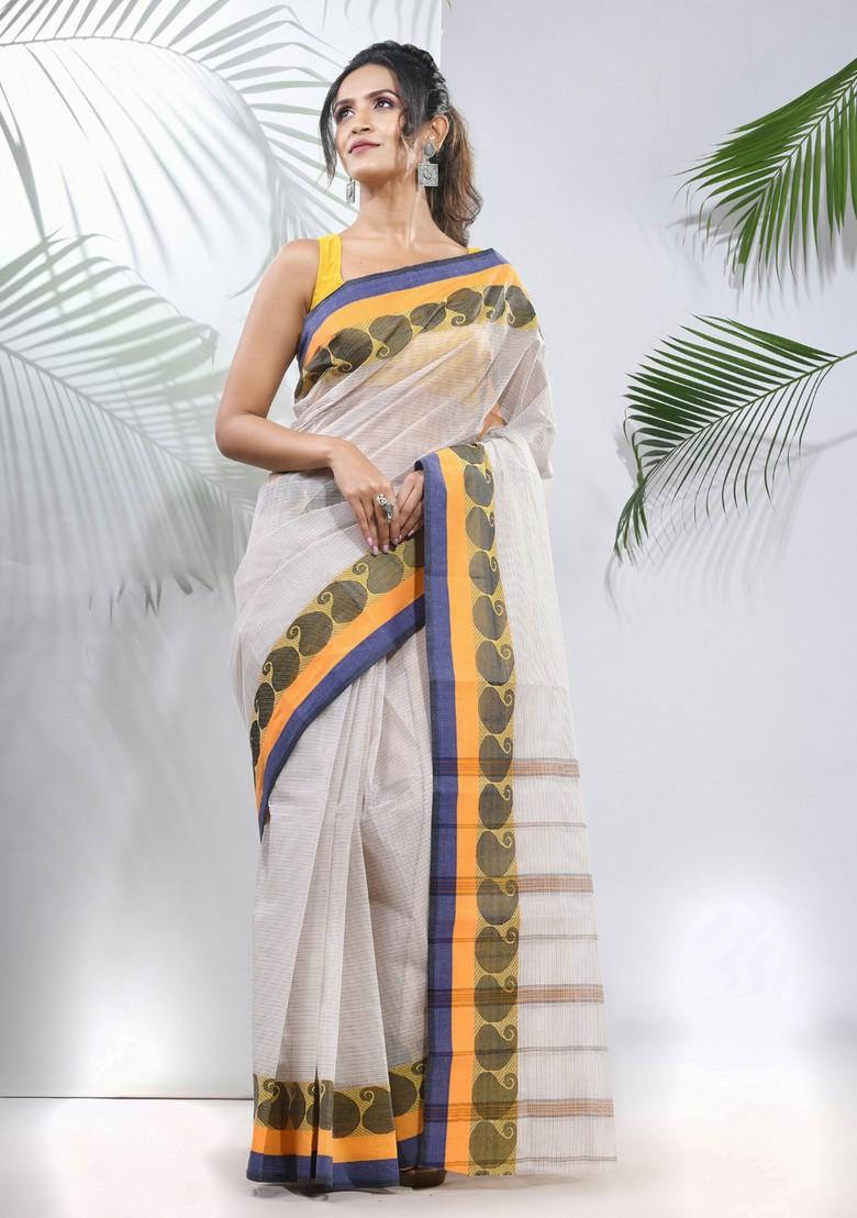 White Woven Design Pure Cotton Saree Set