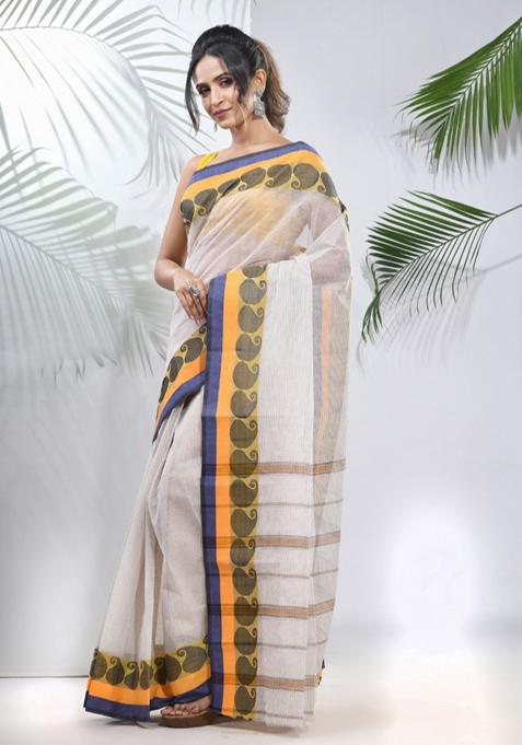 White Woven Design Pure Cotton Saree Set