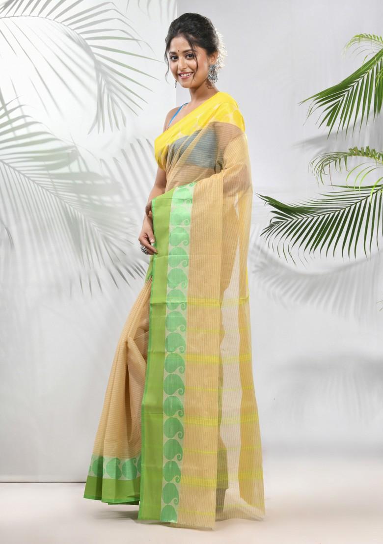 Beige Woven Design Pure Cotton Saree Set