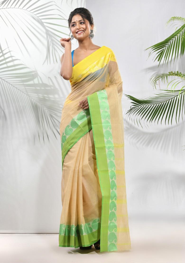 Beige Woven Design Pure Cotton Saree Set