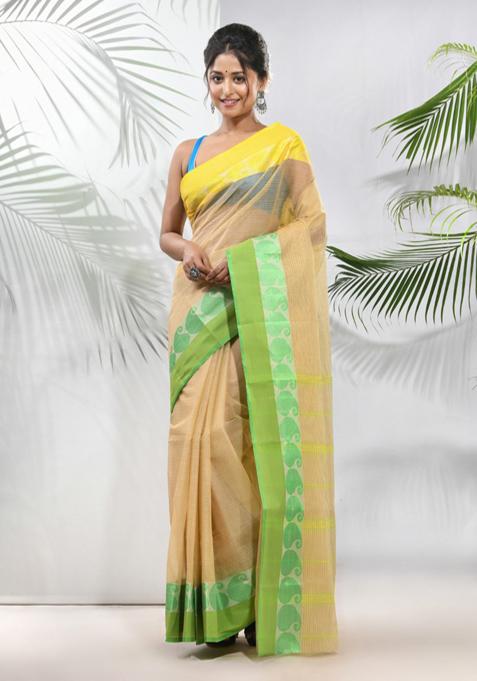 Beige Woven Design Pure Cotton Saree Set